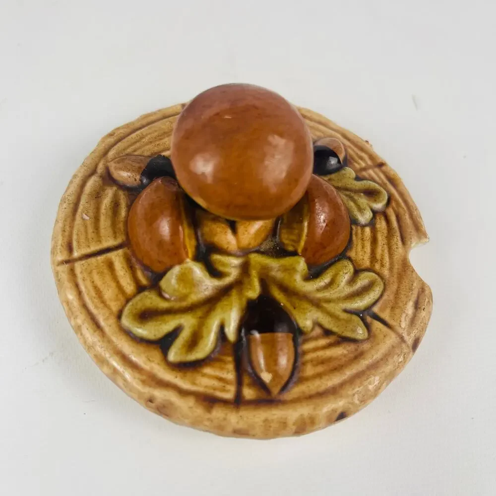 Lefton Mushroom Forest Ceramic Sugar Bowl Jar 3D Stump Design Acorns